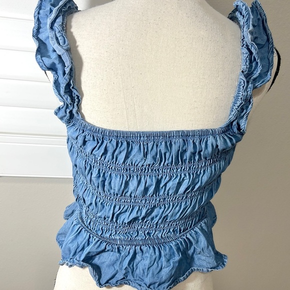 Women’s Smocked Tank Top Size S Ruffle Short Crop Solid Blue Shirt Cottage - Picture 4 of 7